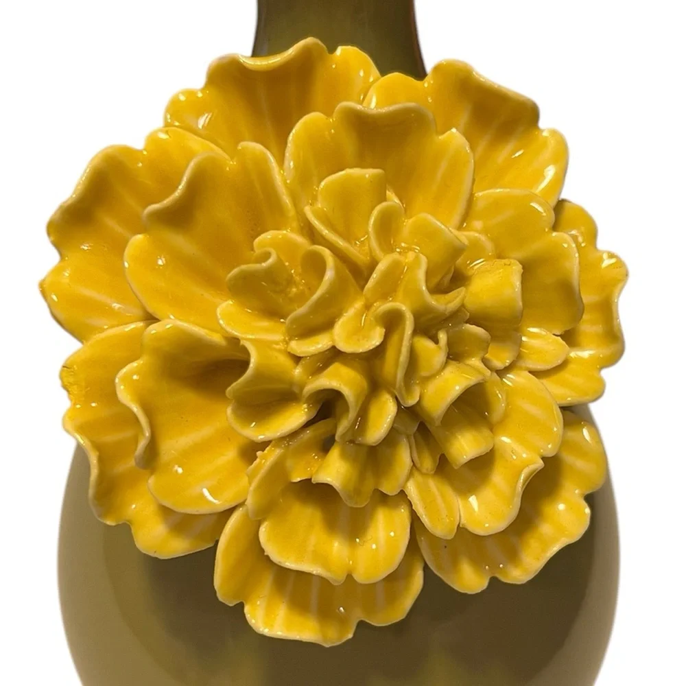 NEW 3D Yellow Peony flower on Olive Green Base Ceramic Vase 8